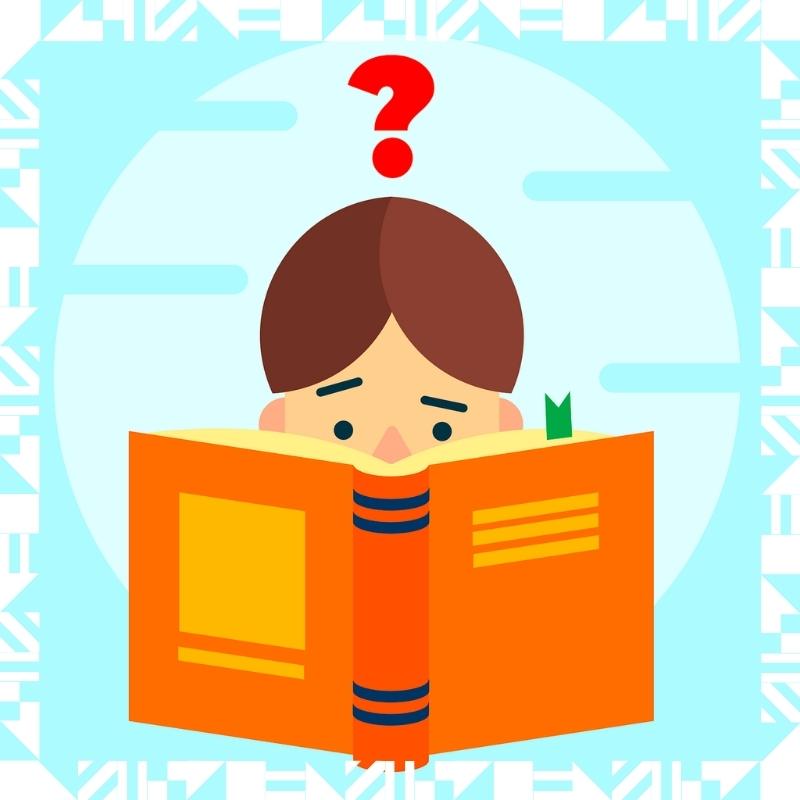 Drawing of a person reading a book being perplexed as indicated by a big question mark overt their head