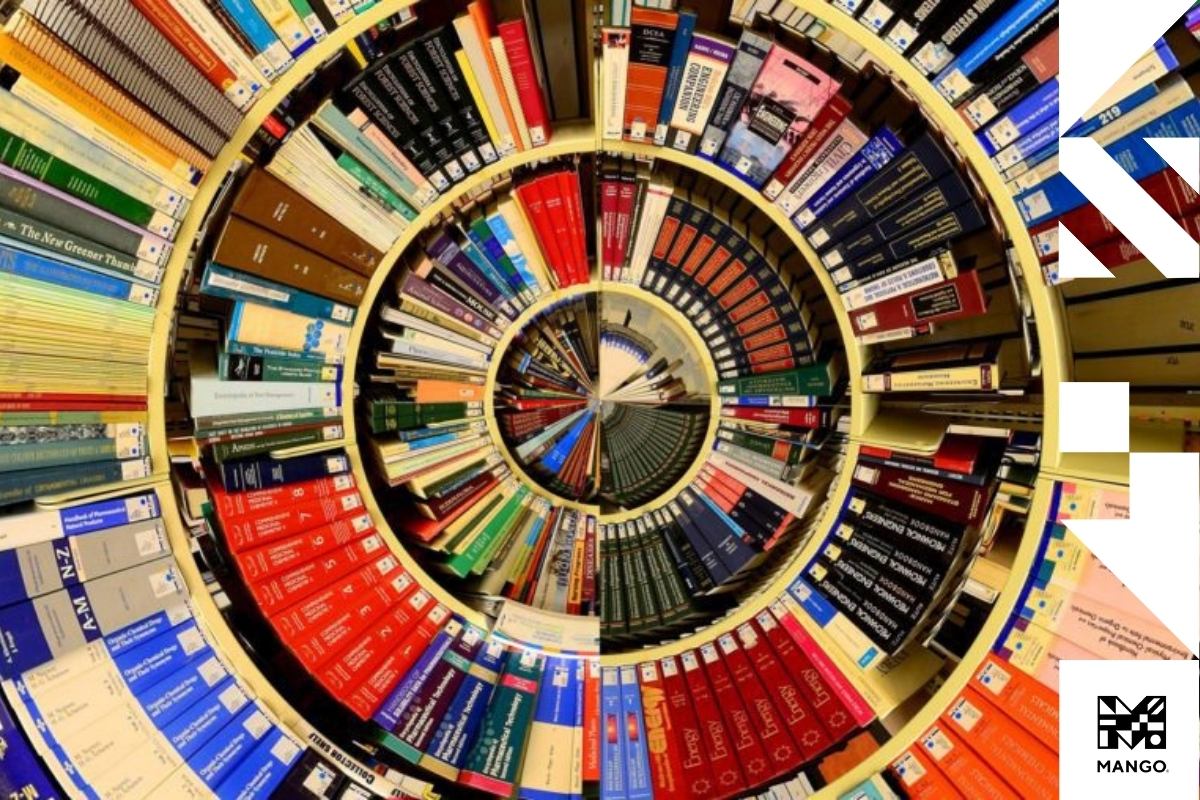 A spiral staircase filled with books