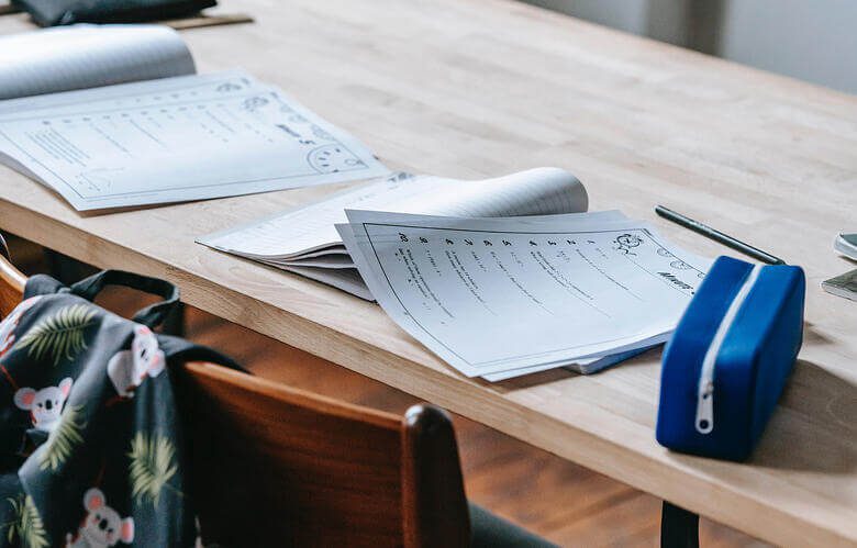 Homework sheets on a desk