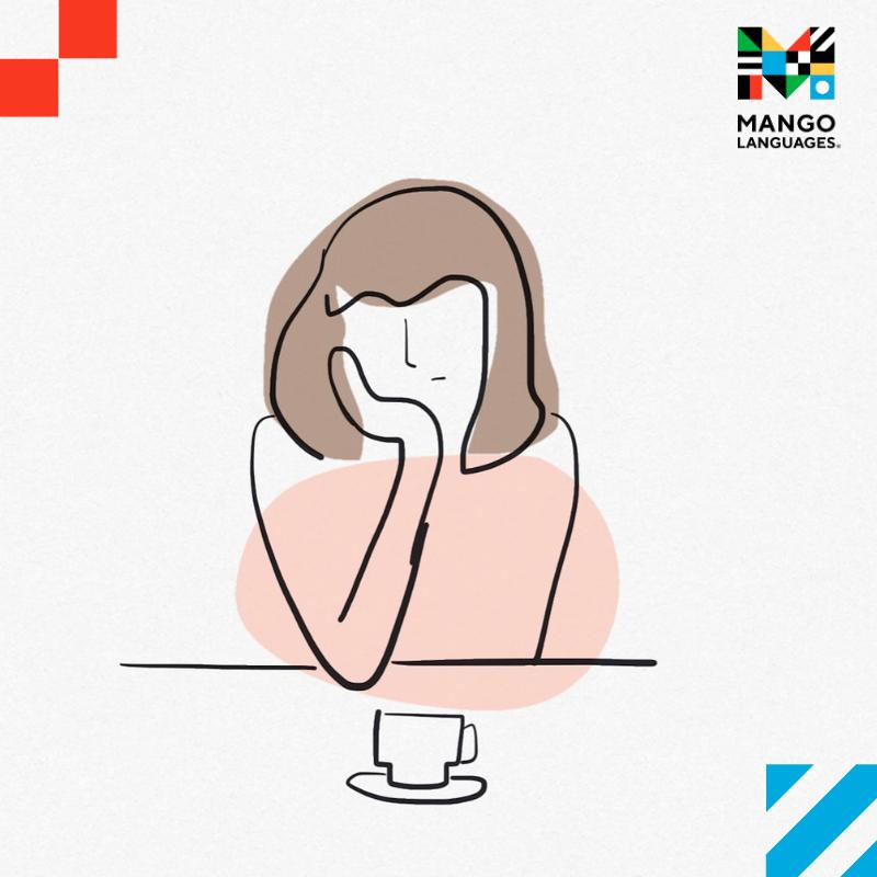 Stylized drawing of a woman deep in thought with a cup of coffee in front of her