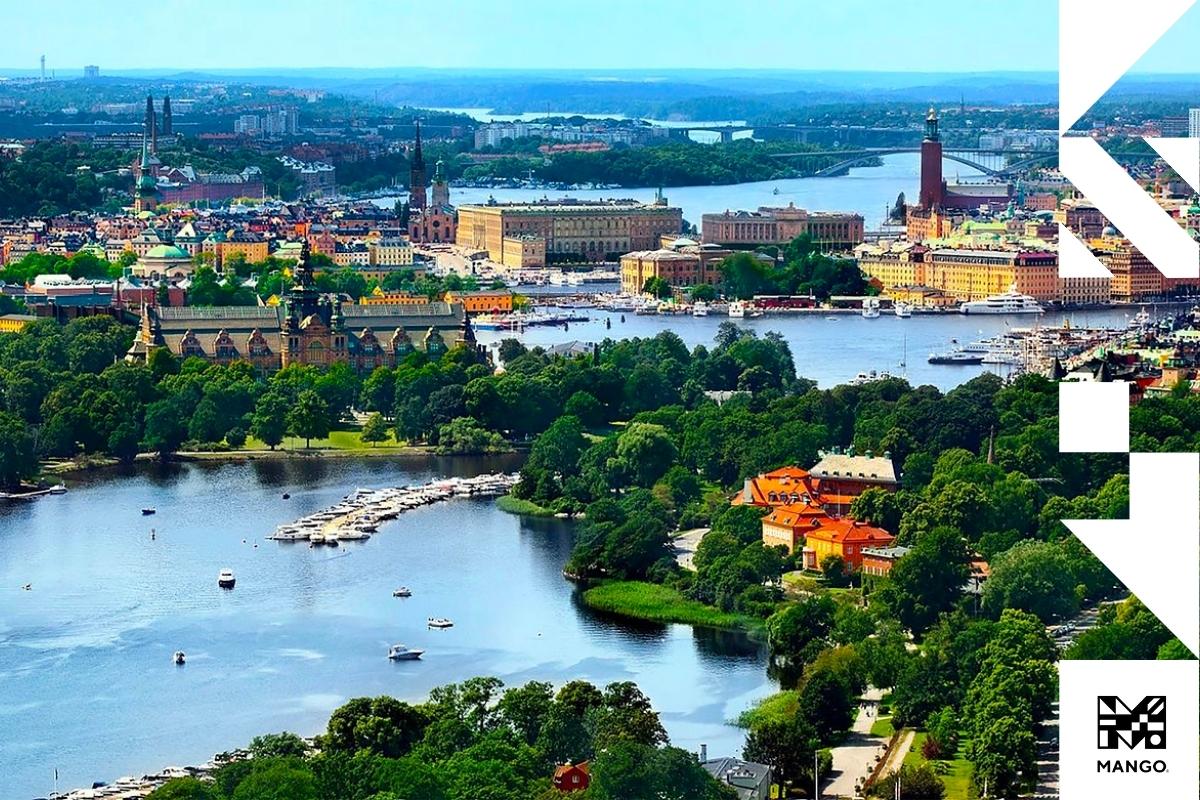 Downtown of  Swedish city with historical buildings and bridges