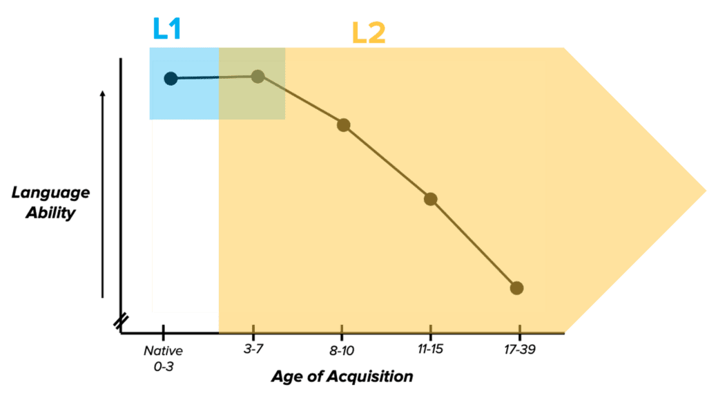 A graph showing how the language ability decreases as people get older