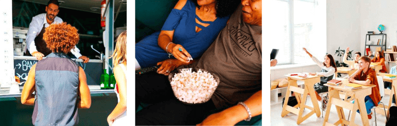 People ordering food at a food truck, a couple eating popcorn watching a movie, a classroom with students