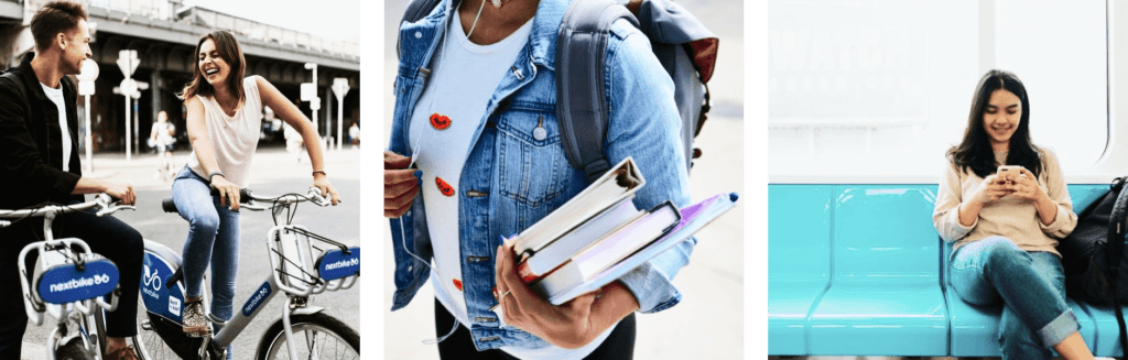 Two young people riding bicycles, a girl walking while holding books, and a girl in a bus looking at her phone