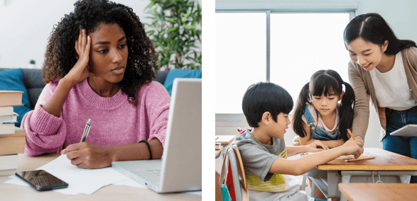 A young woman doing her homework, a teacher helping elementary school children